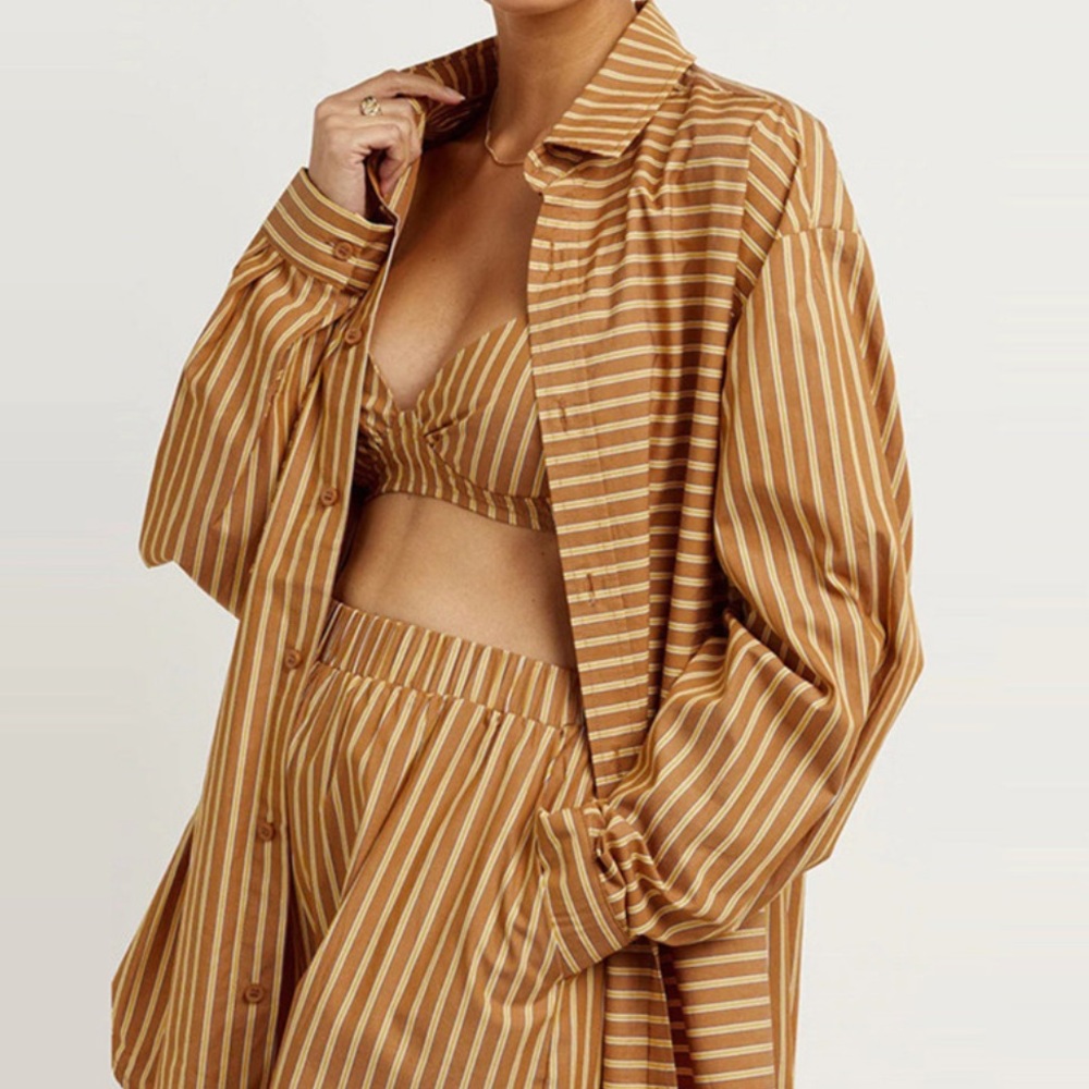 NEW Striped 3 pcs set womens bra shirt shorts brown casual